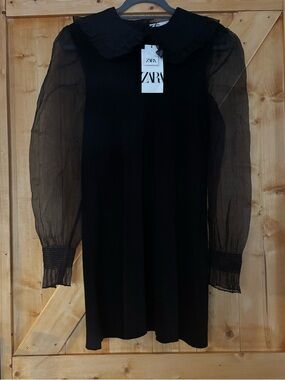 NWT Zara Black Knit Mini Dress Organza Sleeves ruffled Peter Pan collar Size S